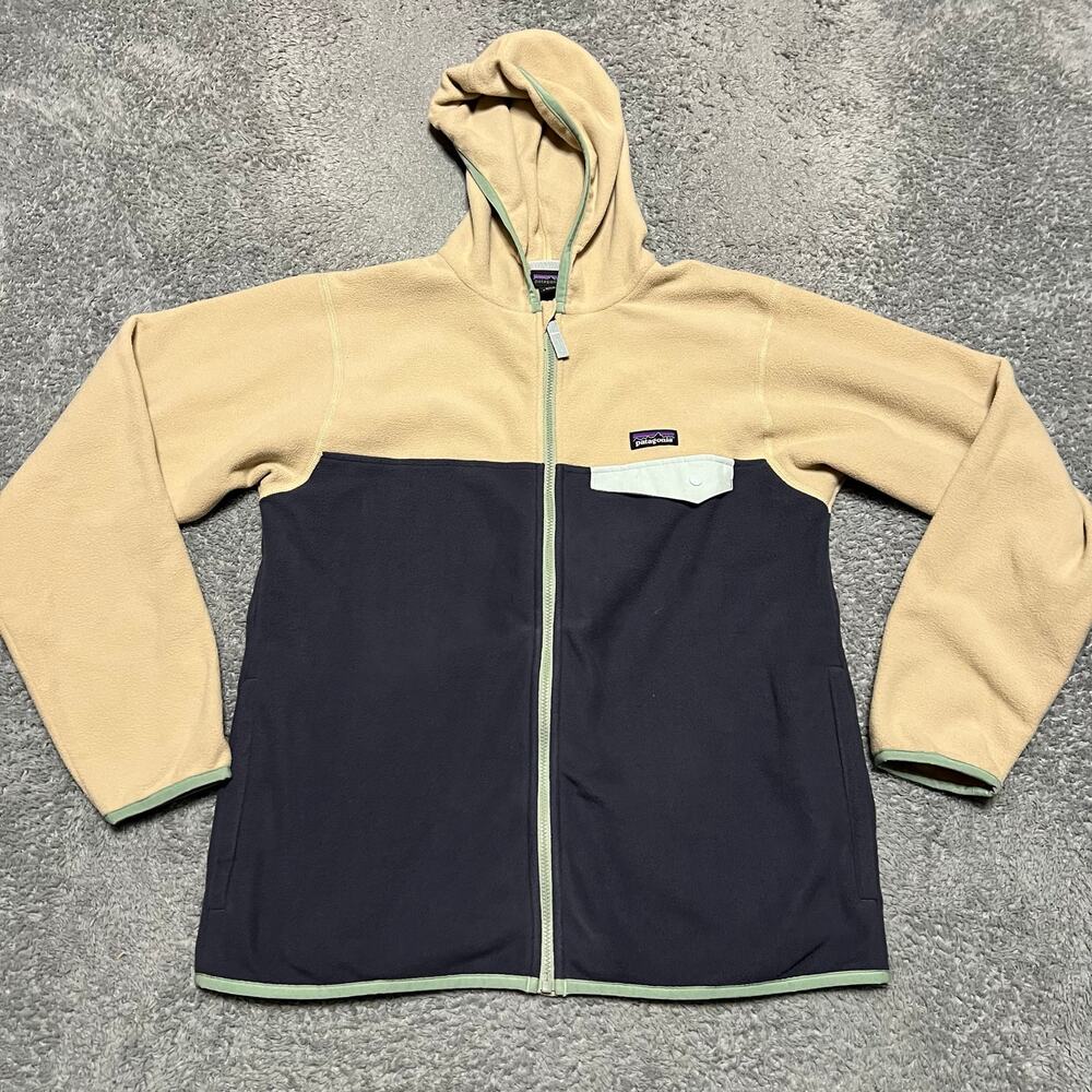 Patagonia Fleece Kids Youth XL Hooded Micro D Snap T Tan Blue